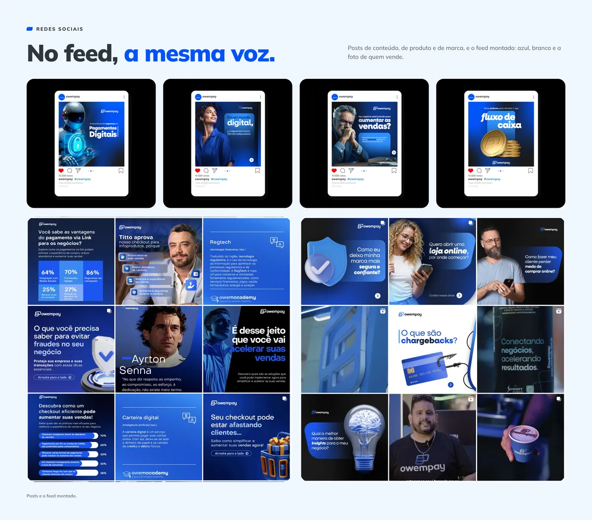Quatro posts de Instagram da marca e duas grades do feed, com azul, branco e fotos de quem vende