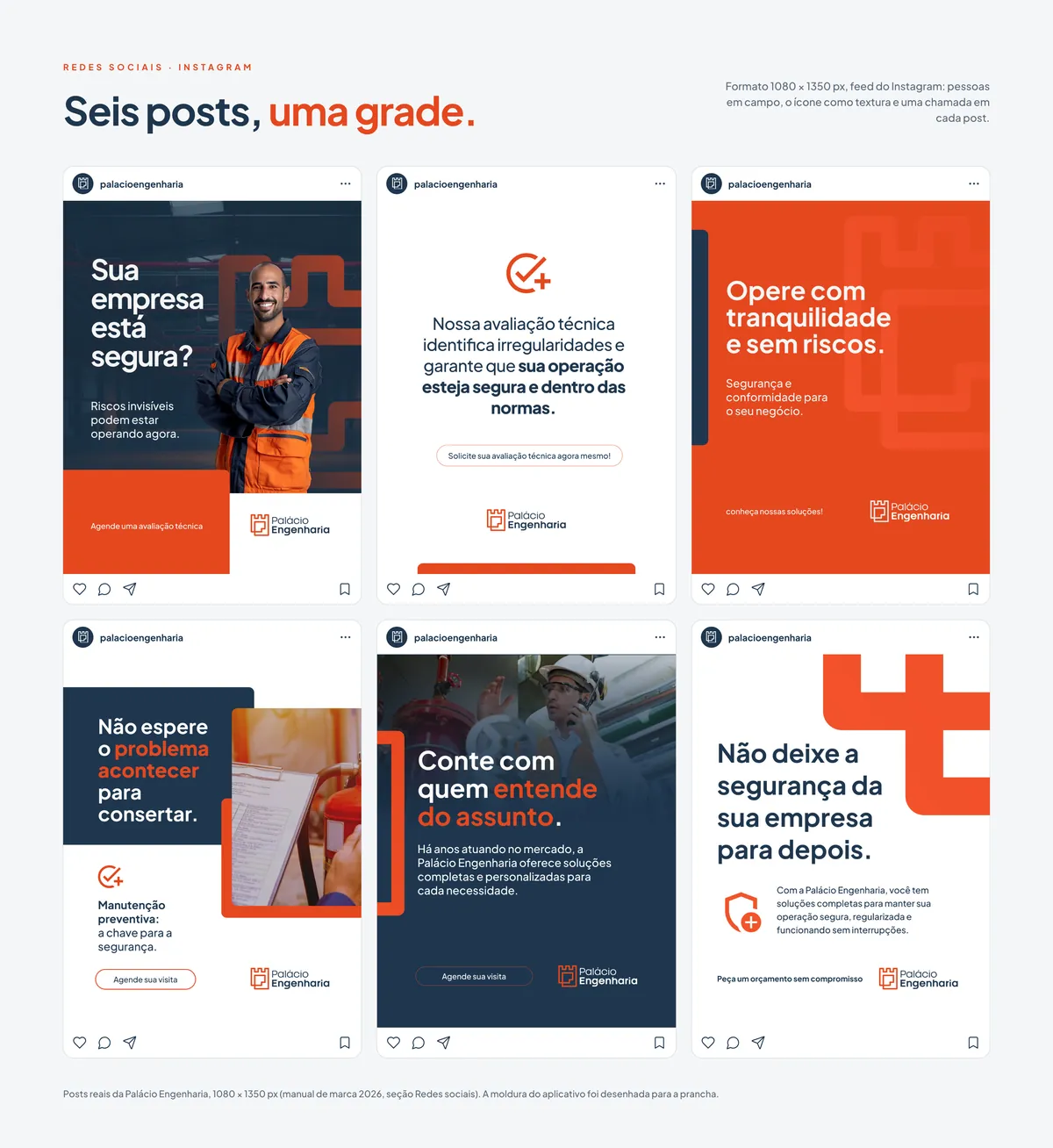 Os seis posts reais numa grade de Instagram: Sua empresa está segura?, avaliação técnica, Opere com tranquilidade, Não espere o problema acontecer, Conte com quem entende do assunto e Não deixe a segurança para depois