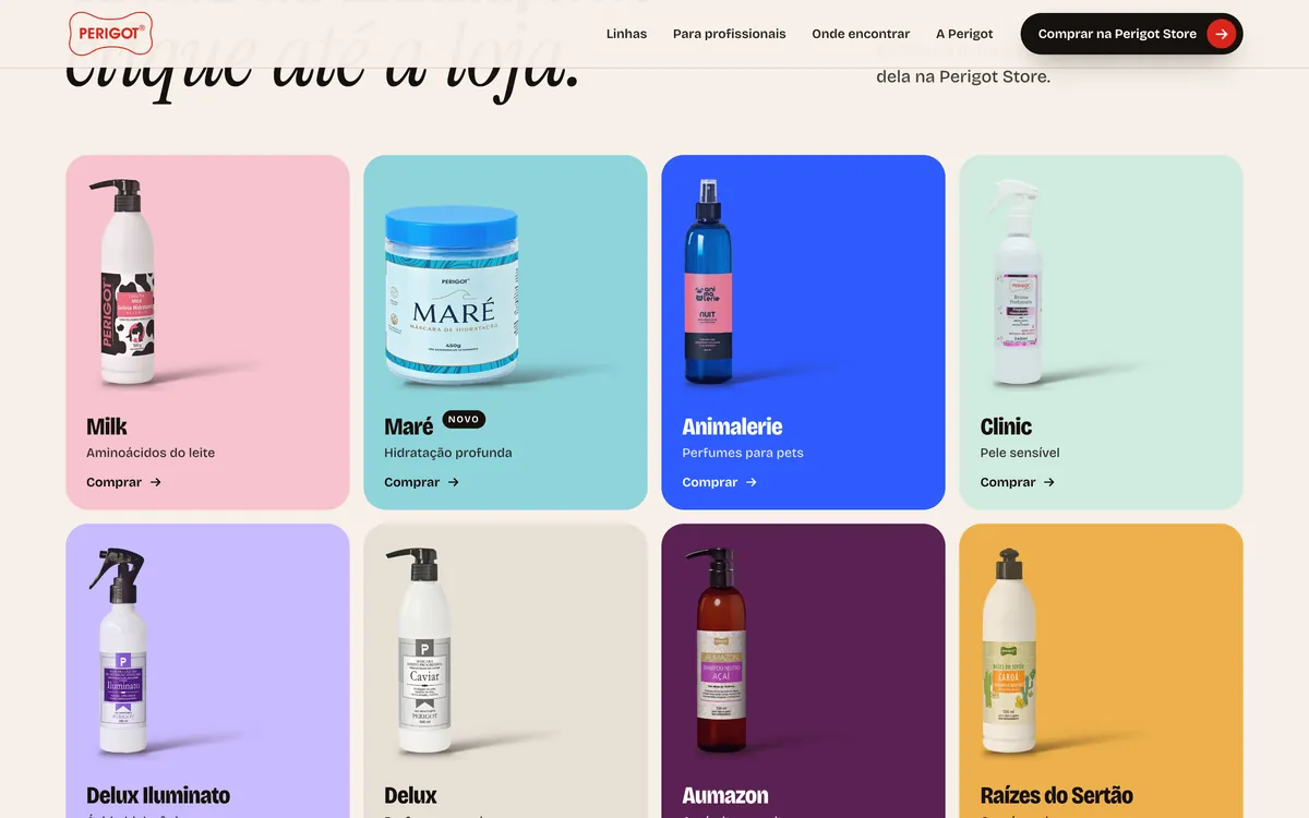 Catálogo com todas as linhas em blocos coloridos, cada um com o produto, o nome da linha e o link Comprar