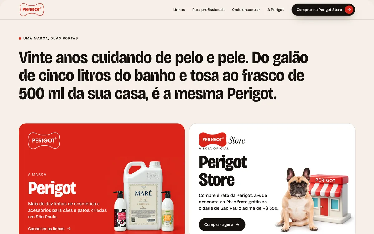 Seção Uma marca, duas portas no computador: o texto Vinte anos cuidando de pelo e pele e os cartões Perigot, vermelho, e Perigot Store, branco