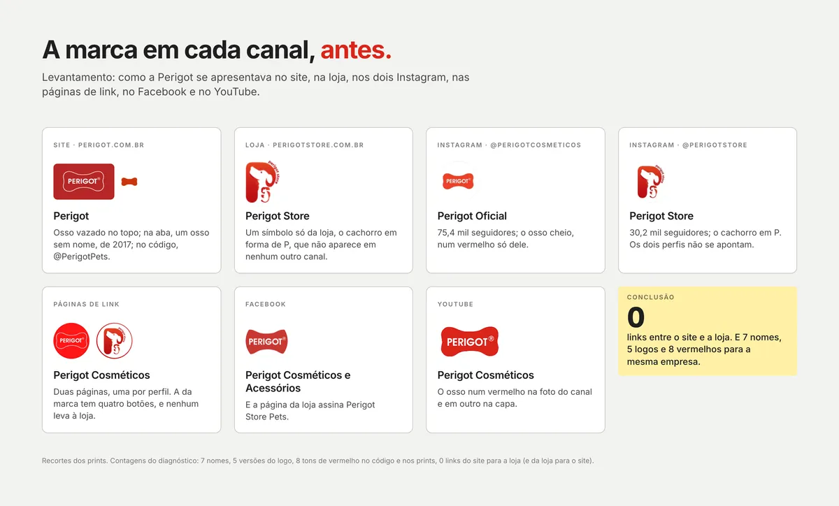 Inventário da marca em sete caixas, uma por canal, cada uma com o logo como aparecia: site, loja, os dois Instagram, páginas de link, Facebook e YouTube; nota com o zero de links entre o site e a loja