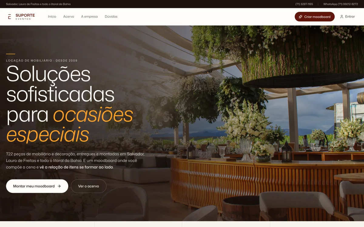 Home nova com foto de evento real e os botões Montar meu moodboard e Ver o acervo