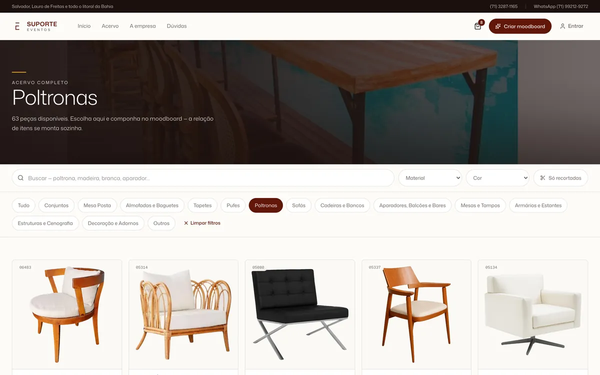 Acervo filtrado em Poltronas, com busca, material, cor, 14 categorias e os cards com a referência de cada peça