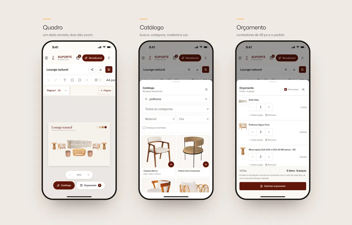 Três telas do editor no celular: o quadro com a cena, a gaveta do catálogo com busca e filtros e a gaveta do orçamento com os contadores