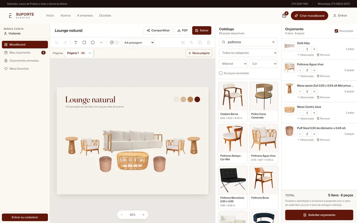 O moodboard no computador: o quadro Lounge natural com as peças em escala, o catálogo com busca à direita e a relação de itens com o botão Solicitar orçamento