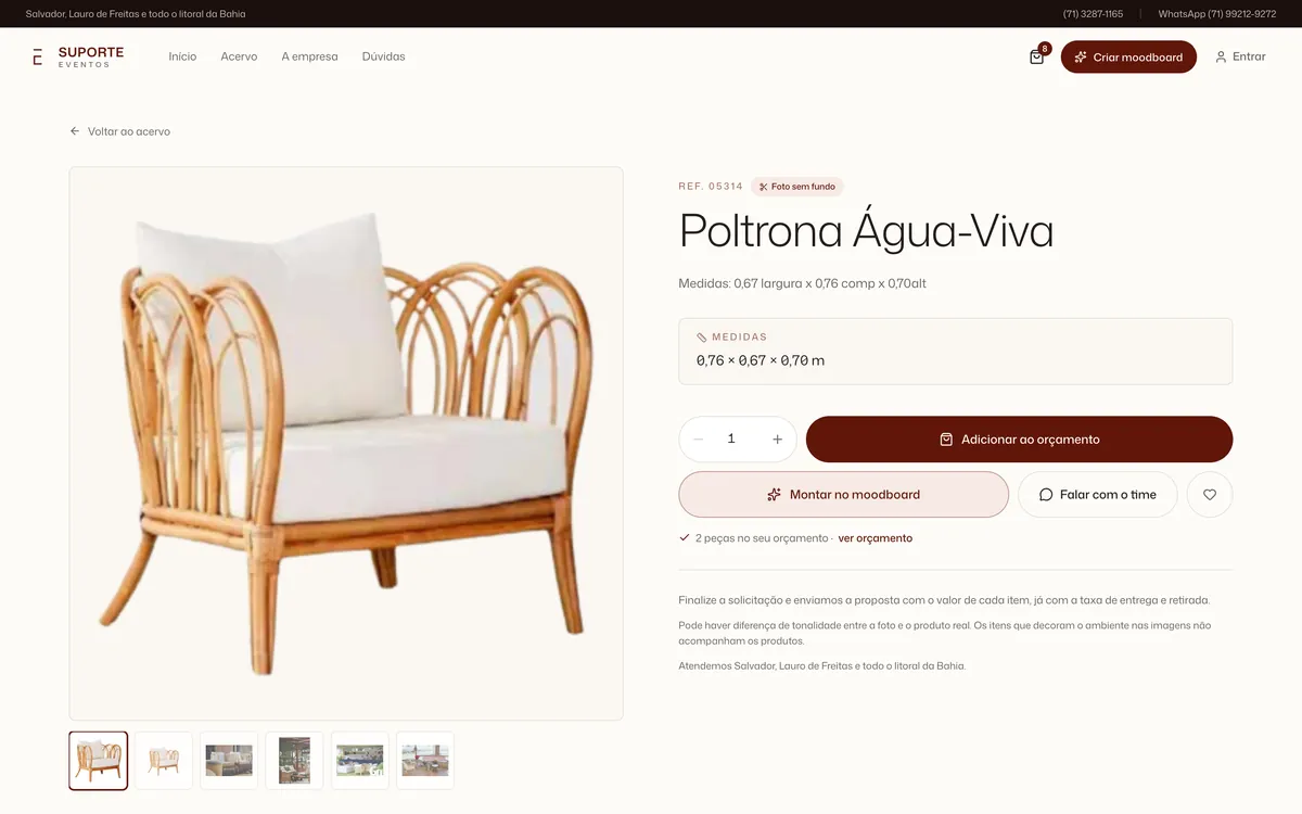 Ficha da Poltrona Água-Viva com a foto recortada, as medidas e os botões Adicionar ao orçamento, Montar no moodboard e Falar com o time