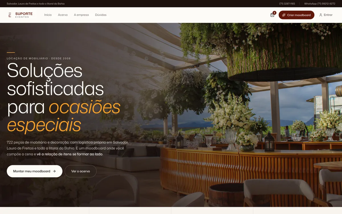 Home nova no computador: foto de evento real, o título Soluções sofisticadas para ocasiões especiais e os botões Montar meu moodboard e Ver o acervo