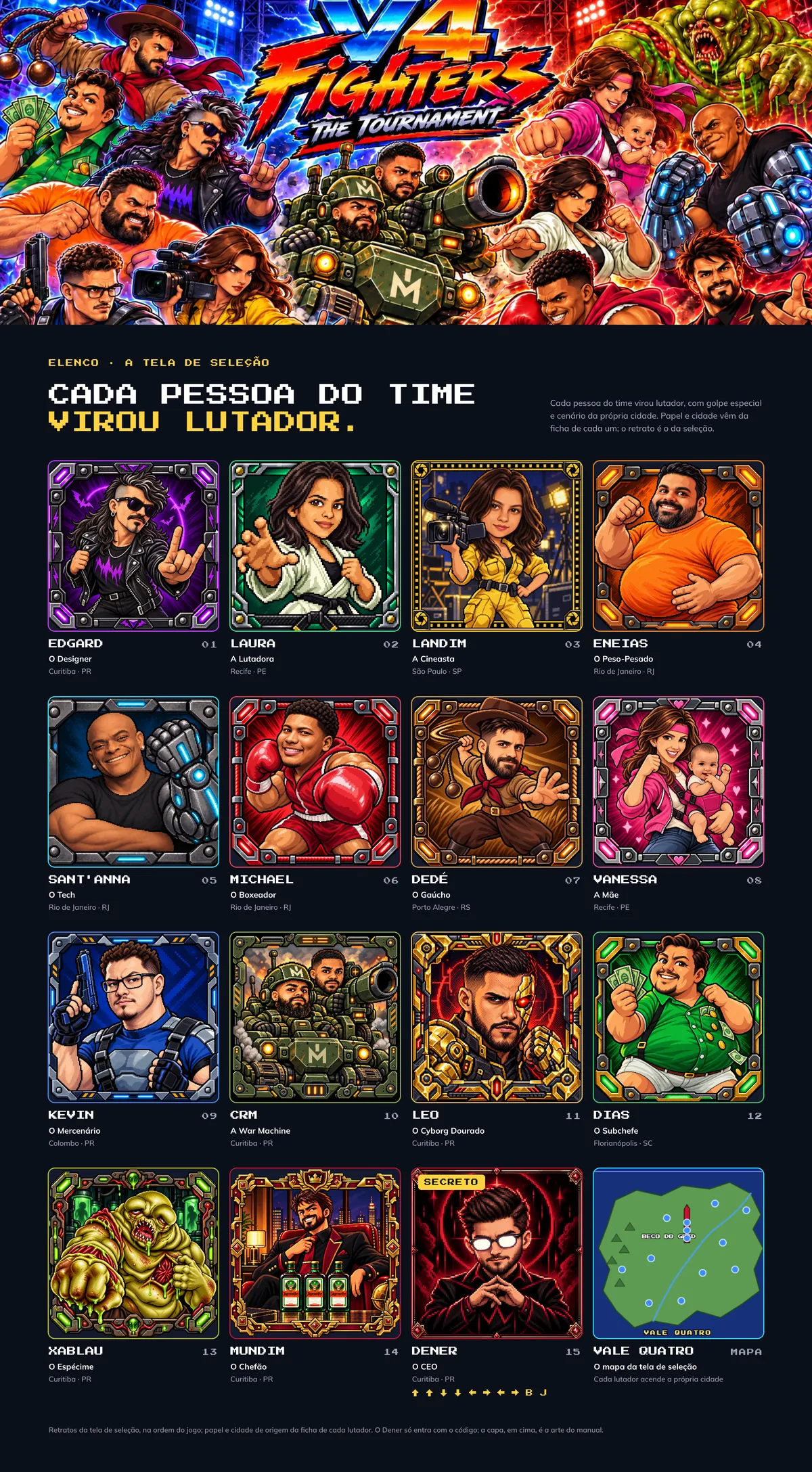 Os dezesseis lutadores do jogo em grade, cada um com retrato, nome, papel e cidade de origem, mais o mapa do Brasil da tela de seleção